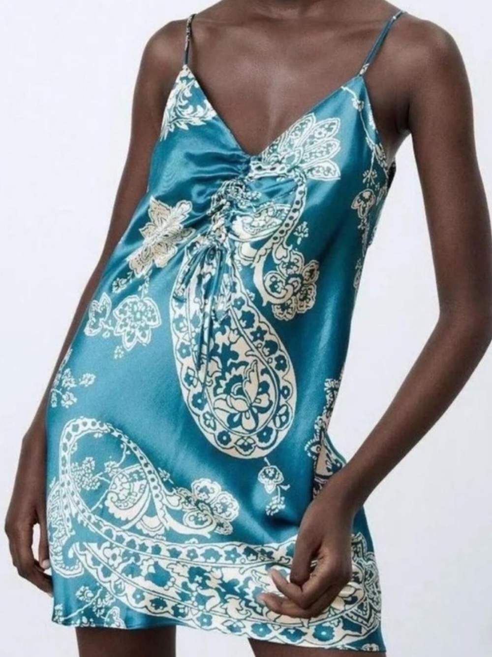 Zara Teal Satin Paisley Slip Mini Dress